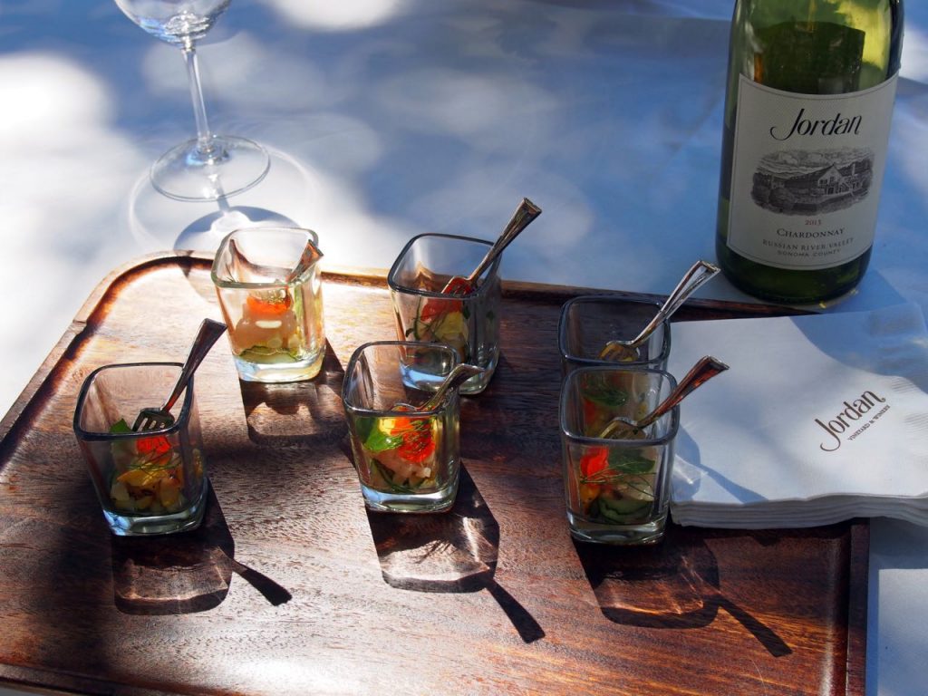 Cucumber and white fish ceviche - paired with 2013 Jordan Chardonnay - what a treat.