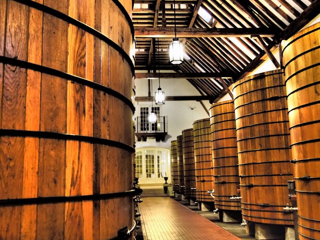 Signature large wooden vats, credited, in part, for the soft supple texture often noted in Jordan Winery's Cabernet.